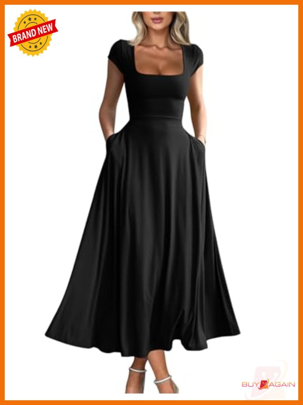 Women's Casual Short Sleeve Square Neck Flowy Long Dress with Pockets